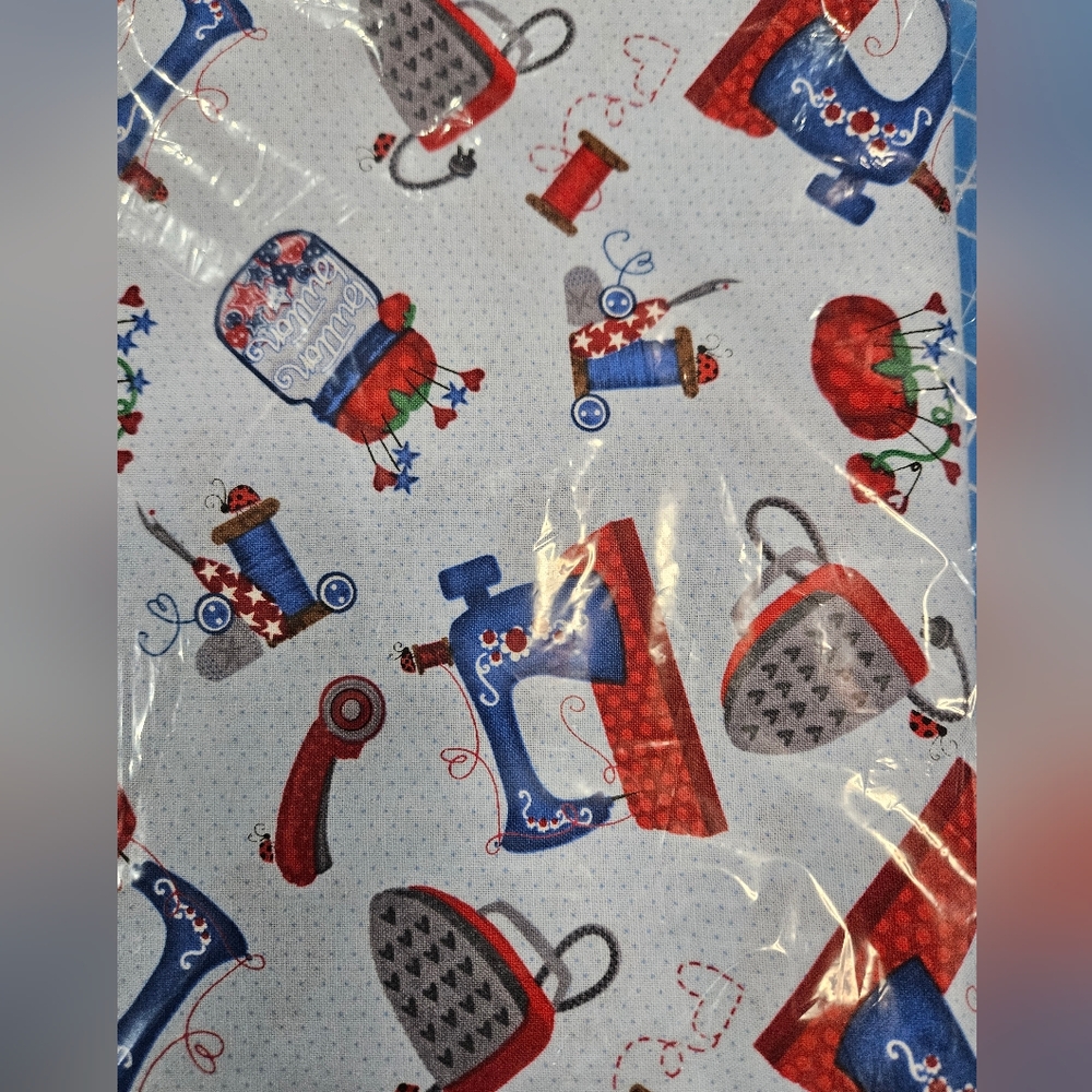 Sewing Machine Pattern Cotton Fabric Red & Blue By The Yard